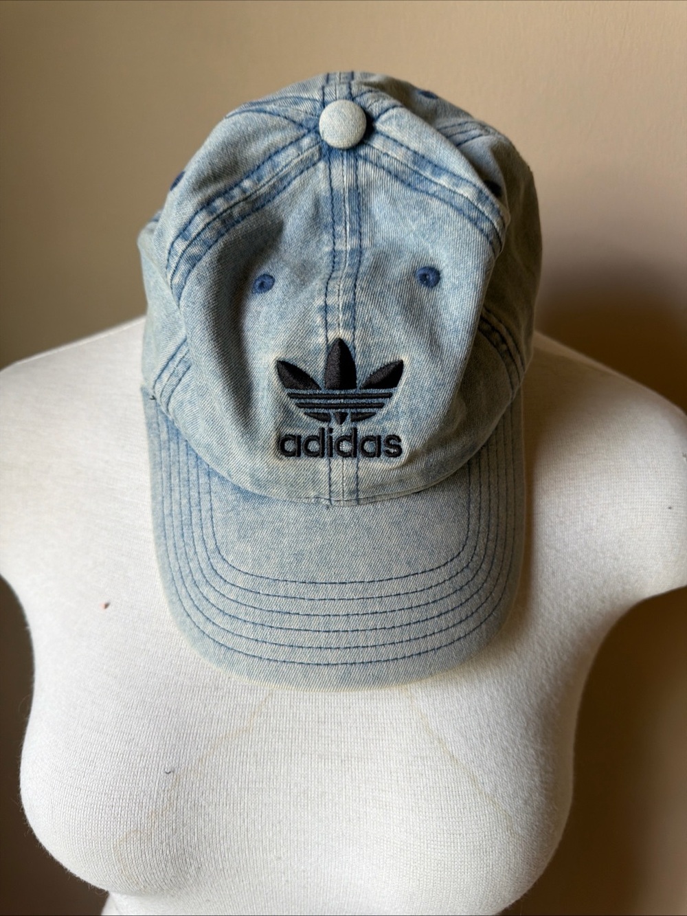 Adidas distressed, acid wash stonewash faded denim jean hat